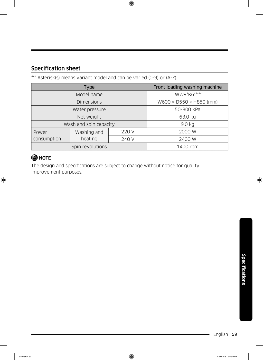 Samsung WW90K6410QW/EU manual Specification sheet 