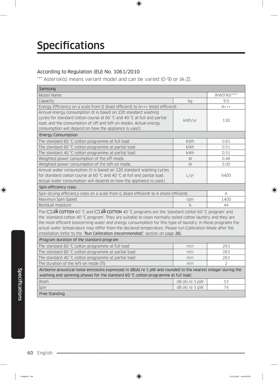 Samsung WW90K6410QW/EU manual Specifications 