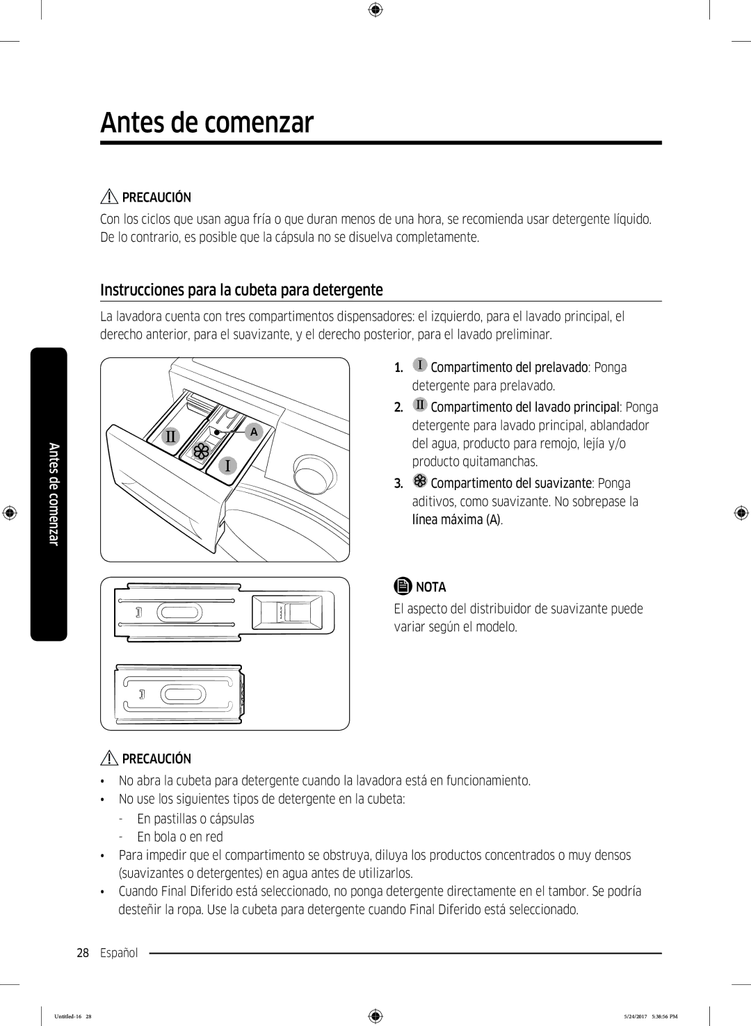 Samsung WW80K6414QW/EC, WW90K6414QW/EC, WW80K6414QX/EC manual Instrucciones para la cubeta para detergente 