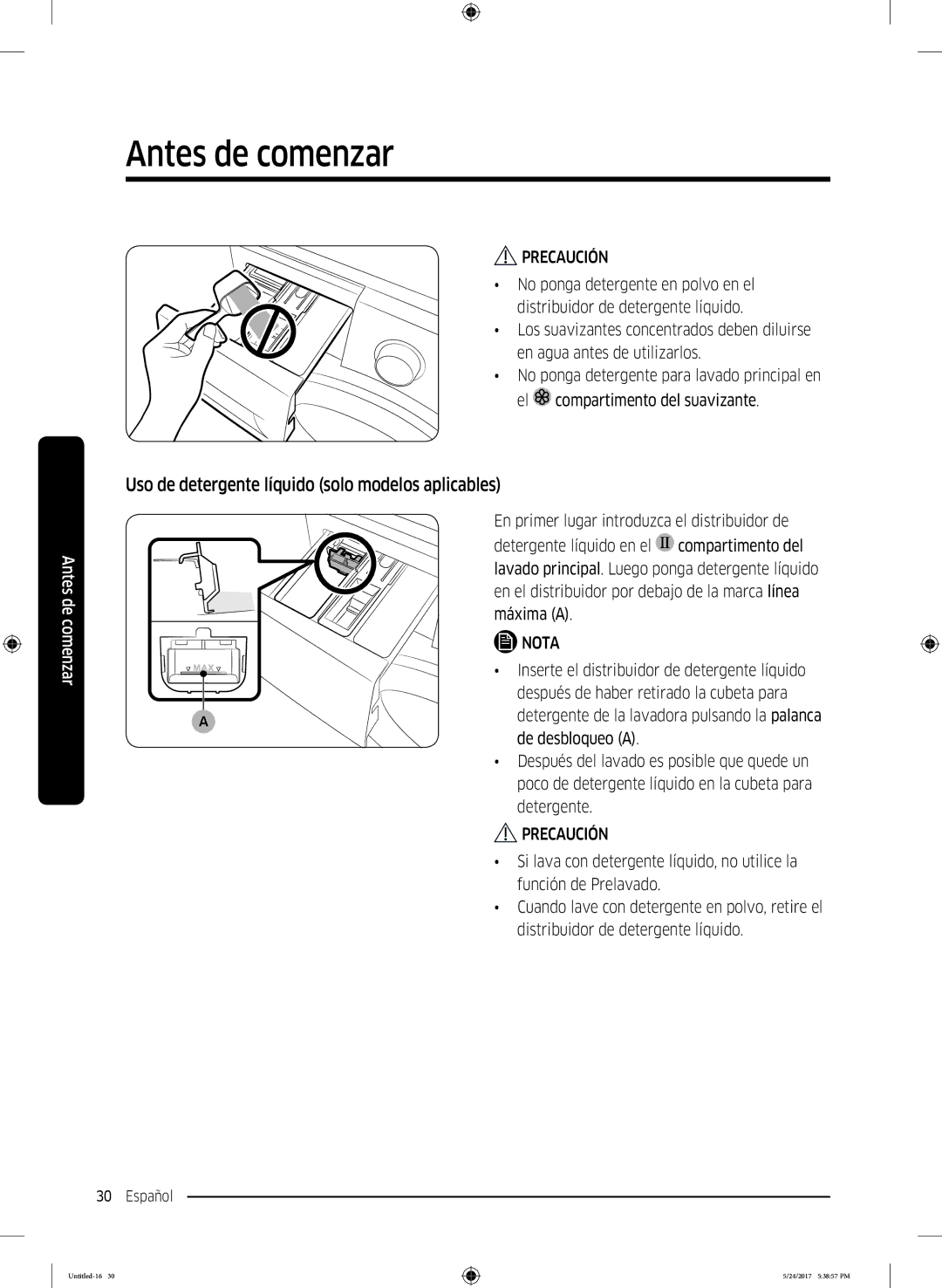 Samsung WW90K6414QW/EC, WW80K6414QW/EC, WW80K6414QX/EC manual Uso de detergente líquido solo modelos aplicables 