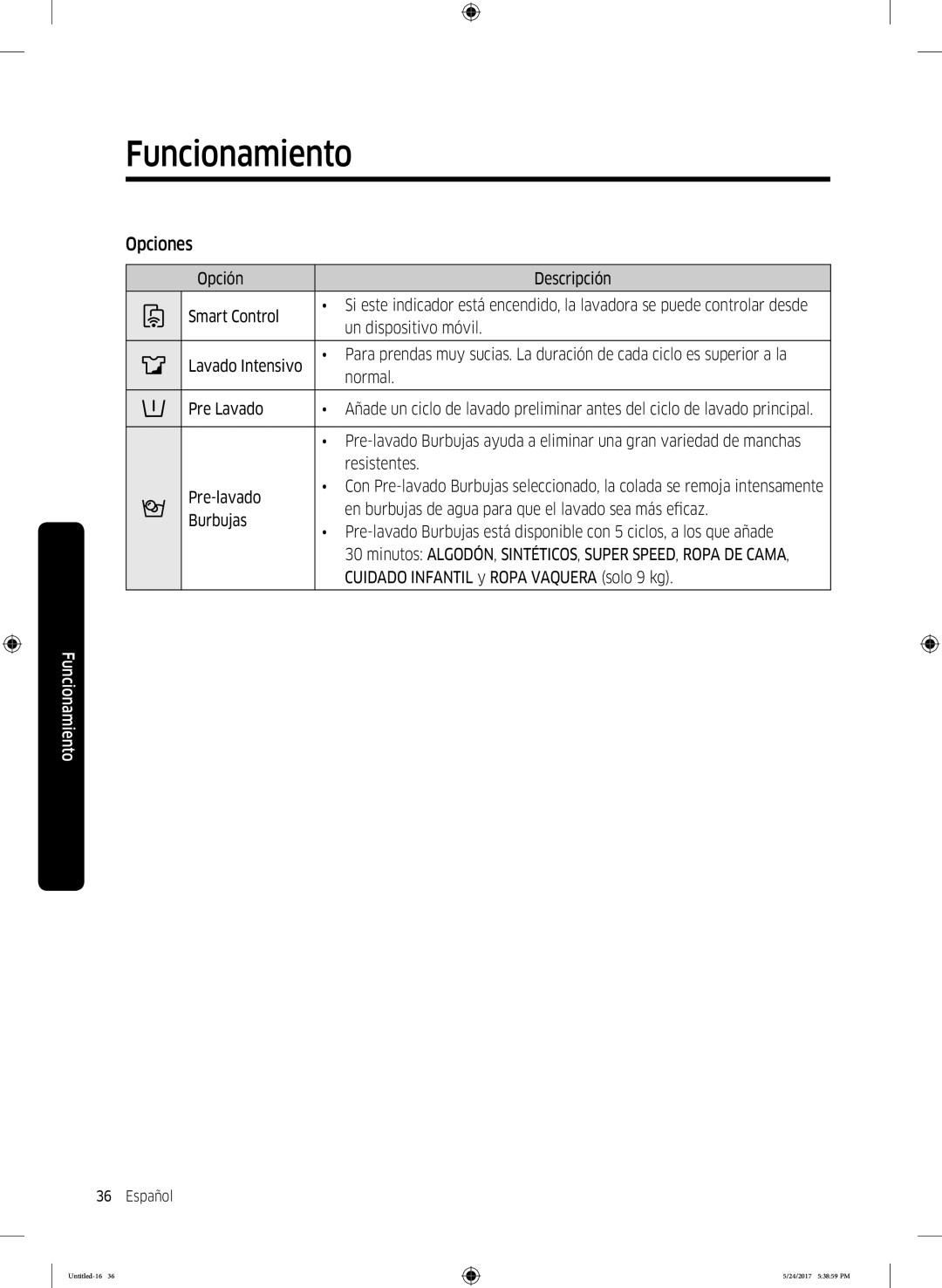 Samsung WW90K6414QW/EC, WW80K6414QW/EC, WW80K6414QX/EC manual Opciones 