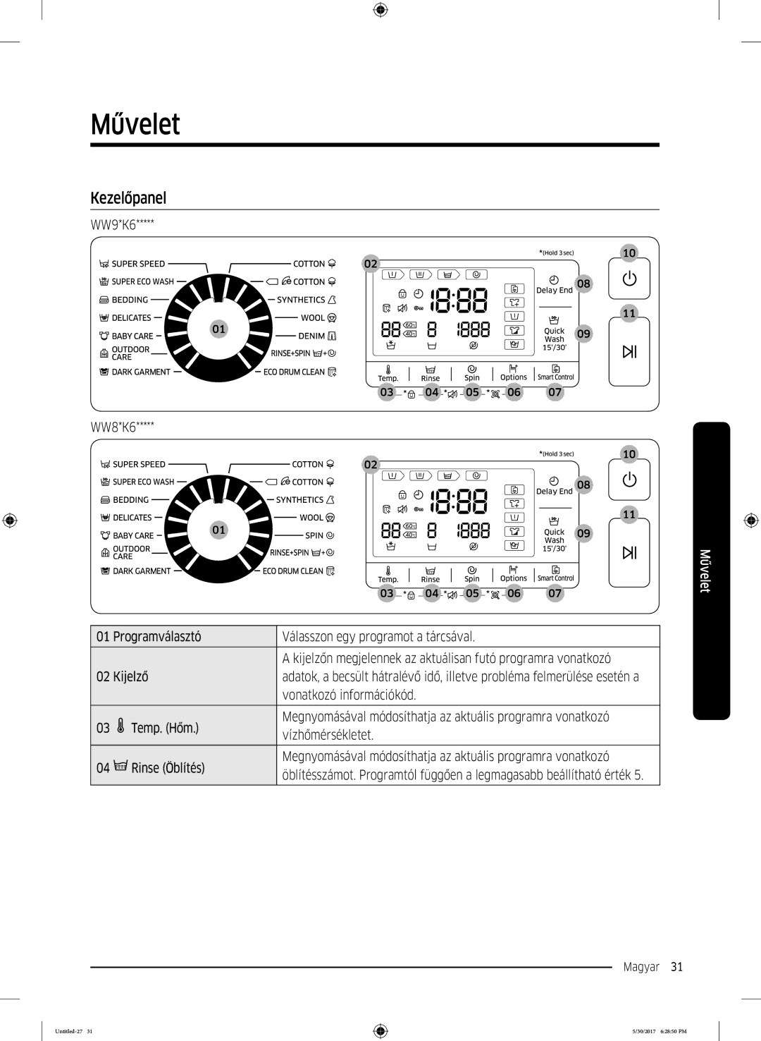 Samsung WW90K6414QW/EO, WW90K6414QW/LE, WW80K6414QW/LE manual Művelet, Kezelőpanel, WW9*K6 WW8*K6, Vonatkozó információkód 