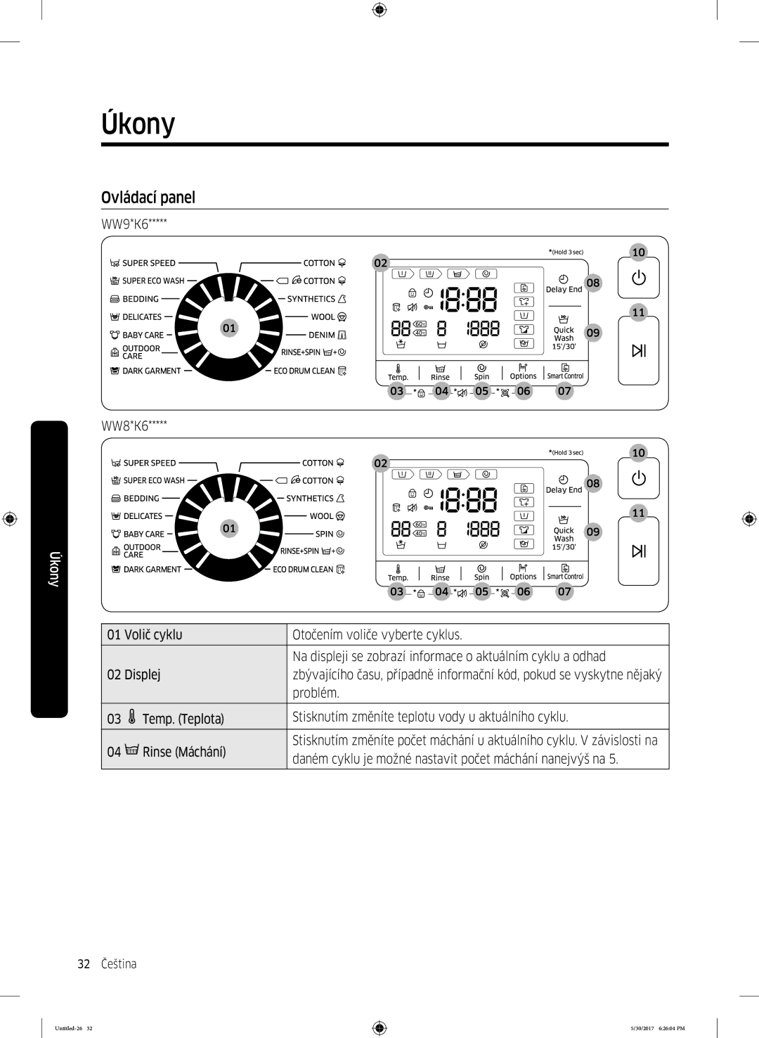 Samsung WW90K6414QW/ZE, WW90K6414QW/LE, WW80K6414QW/LE manual Úkony, Ovládací panel, WW9*K6 WW8*K6, Problém 