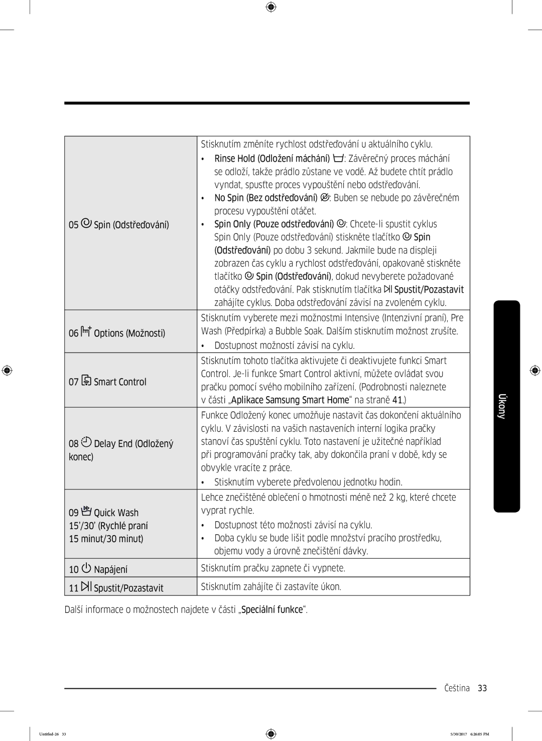 Samsung WW90K6414QW/LE Stisknutím změníte rychlost odstřeďování u aktuálního cyklu, Spustit/Pozastavit, Options Možnosti 