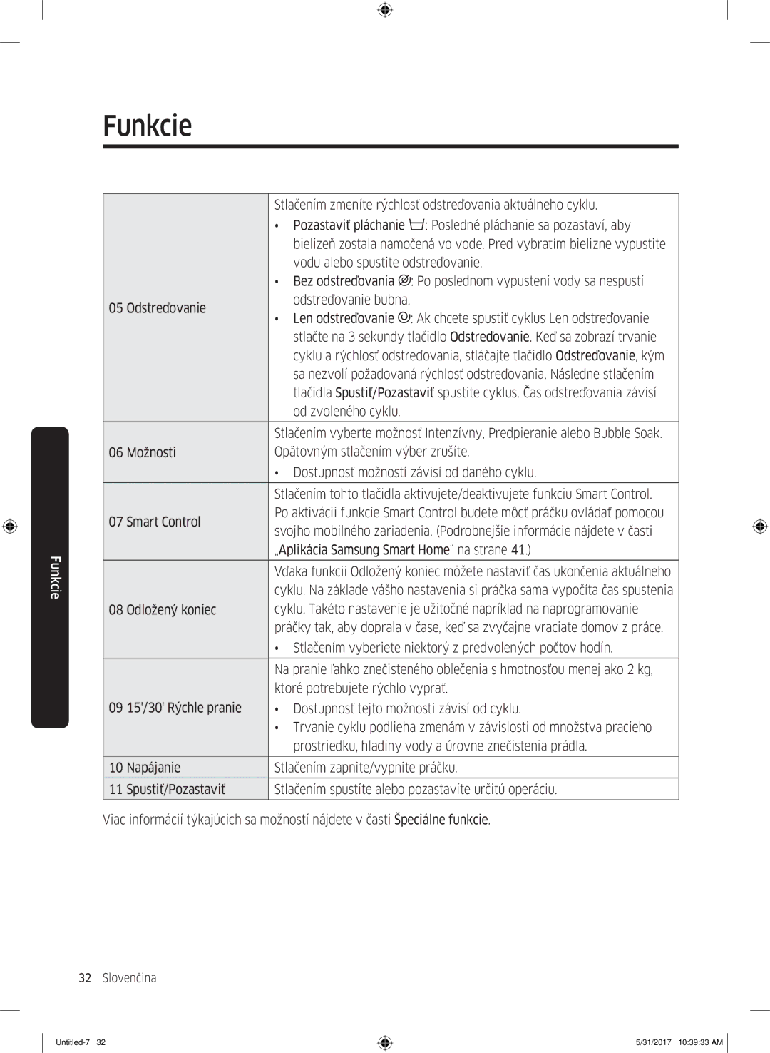 Samsung WW80K6414QW/LE manual Vodu alebo spustite odstreďovanie, Bez odstreďovania Po poslednom vypustení vody sa nespustí 