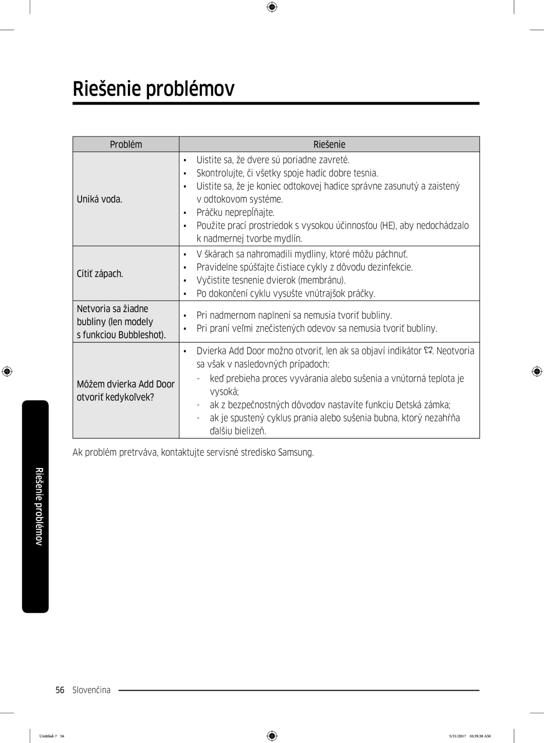 Samsung WW80K6414QW/LE, WW90K6414QW/LE, WW90K6414QW/ZE manual Škárach sa nahromadili mydliny, ktoré môžu páchnuť 