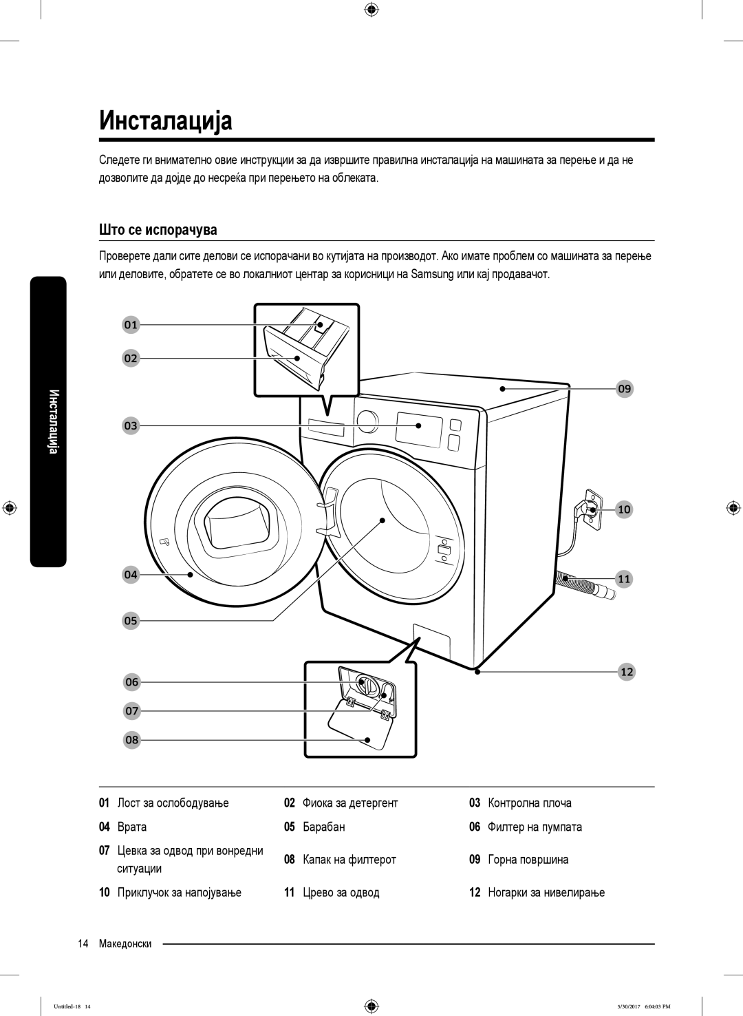 Samsung WW90K6414QW/LE, WW80K6414QW/LE, WW90K6414QX/LE, WW90K6414QW/ZE, WW90K6414QW/EO manual Инсталација, Што се испорачува 