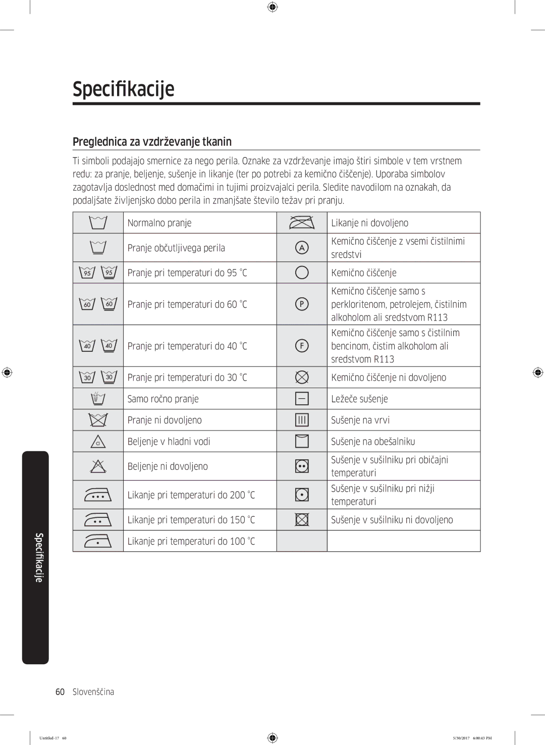 Samsung WW90K6414QW/EO, WW90K6414QW/LE, WW80K6414QW/LE, WW90K6414QX/LE manual Specifikacije, Preglednica za vzdrževanje tkanin 