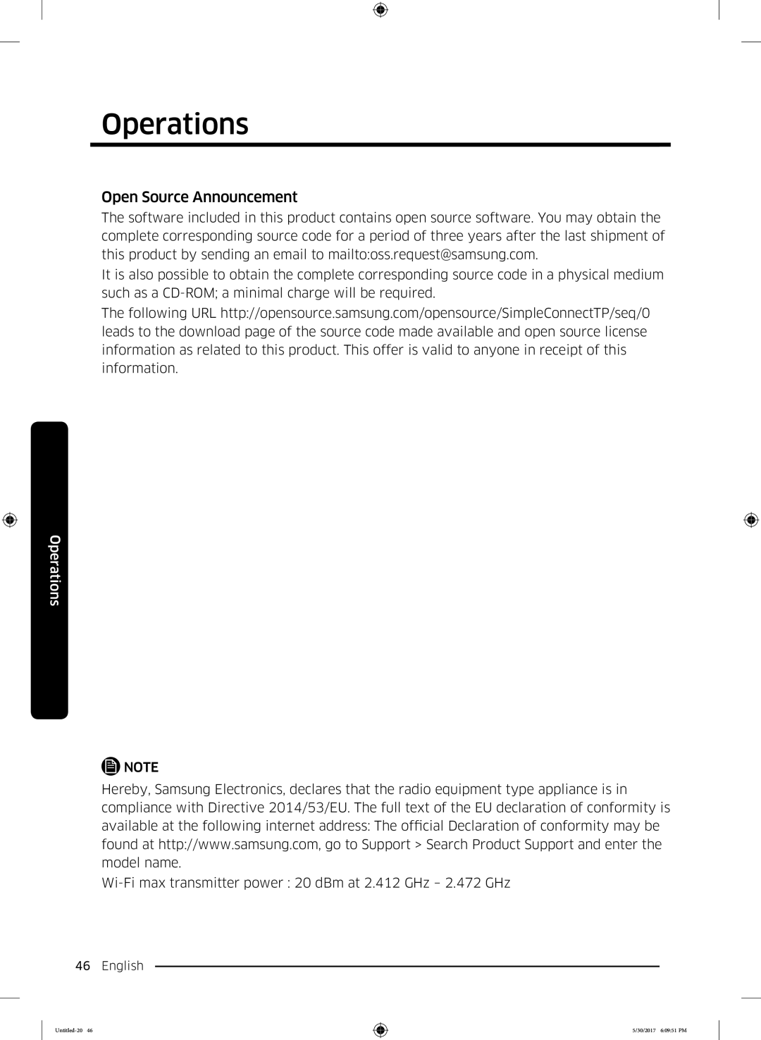 Samsung WW80K6414QW/LE, WW90K6414QW/LE Open Source Announcement, Wi-Fi max transmitter power 20 dBm at 2.412 GHz 2.472 GHz 