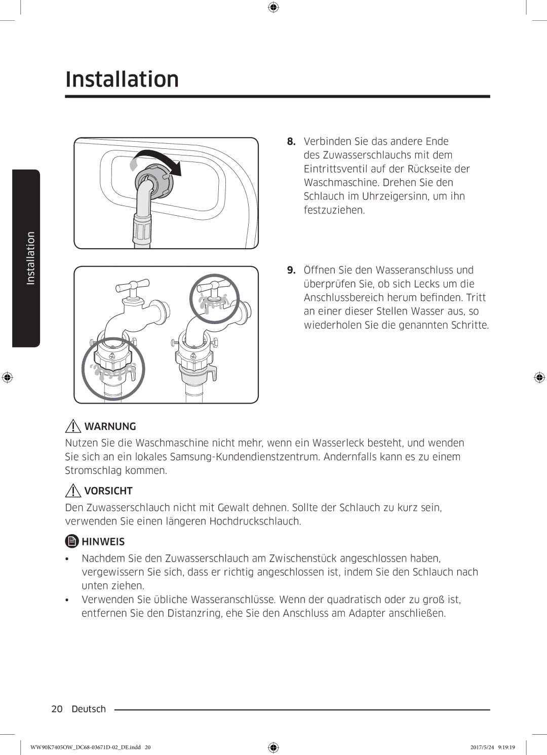 Samsung WW90K7405OW/EG manual Warnung 