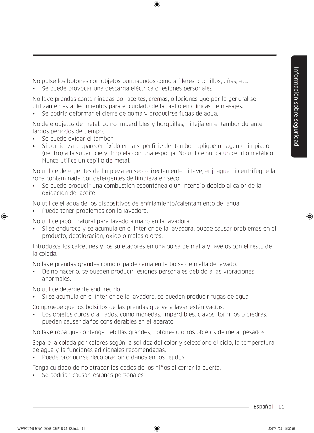 Samsung WW90K7415OW/EC manual Información sobre seguridad 