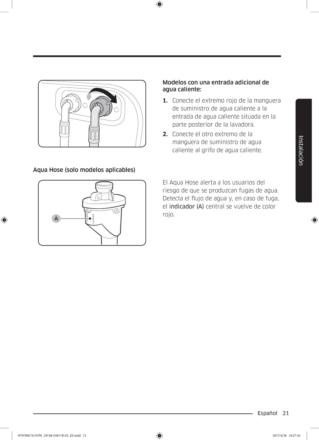 Samsung WW90K7415OW/EC manual Manguera de suministro de agua 