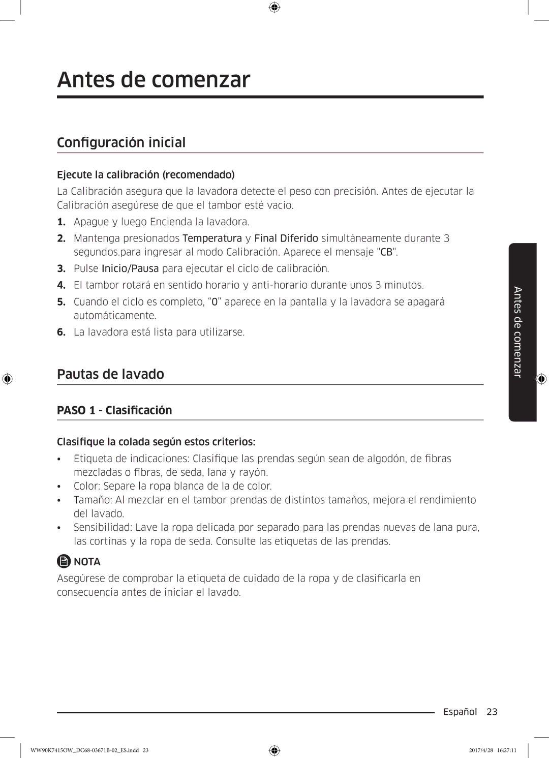 Samsung WW90K7415OW/EC manual Antes de comenzar, Configuración inicial, Pautas de lavado 