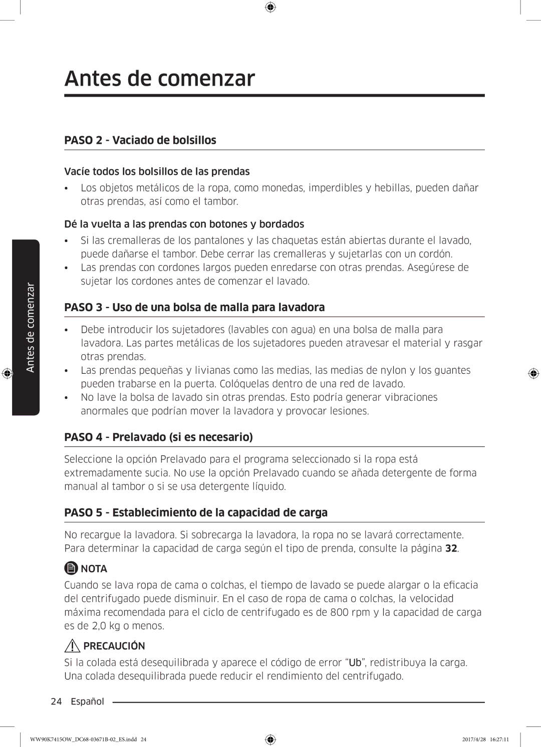 Samsung WW90K7415OW/EC manual Paso 2 Vaciado de bolsillos 