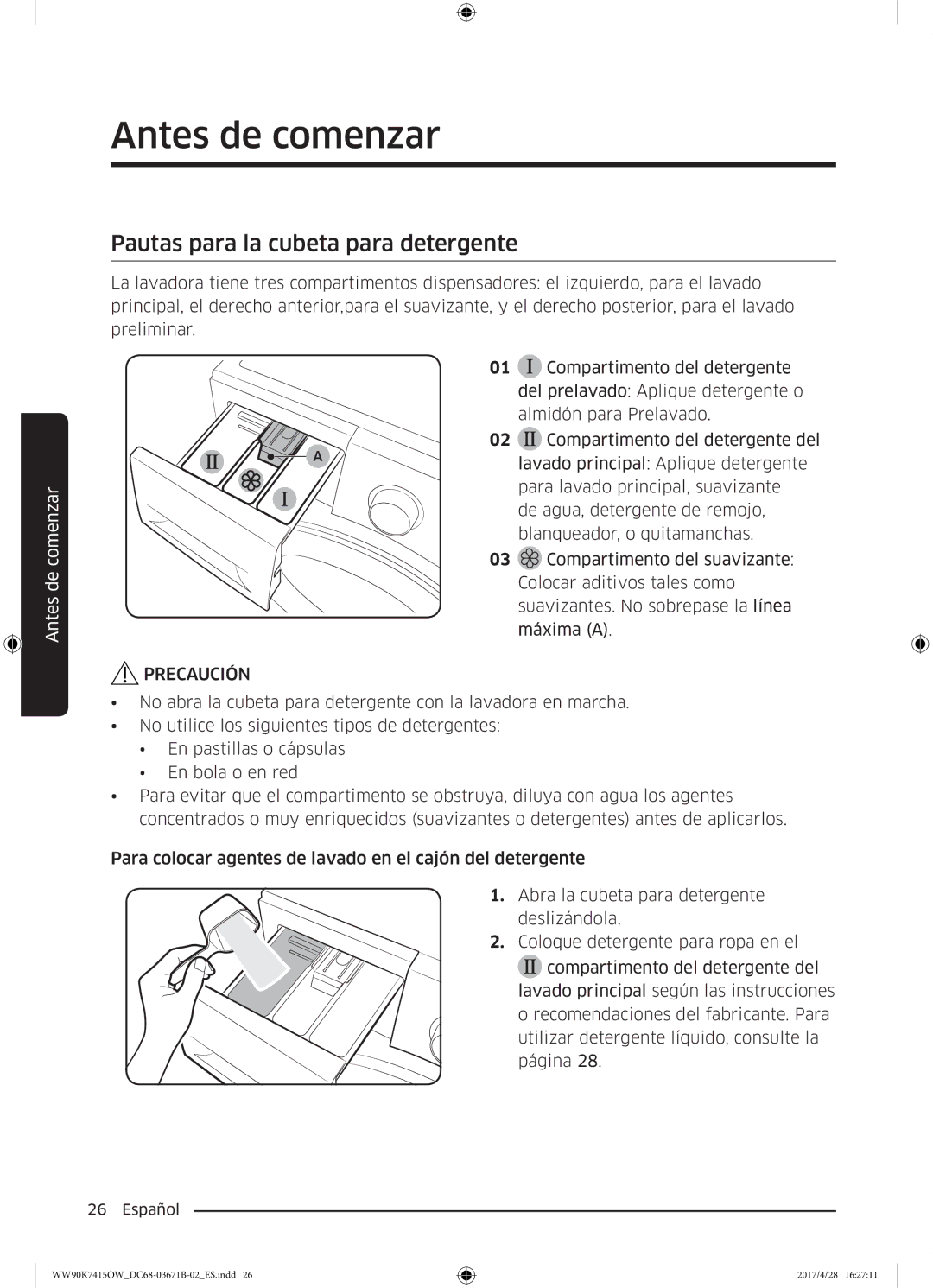 Samsung WW90K7415OW/EC manual Pautas para la cubeta para detergente 