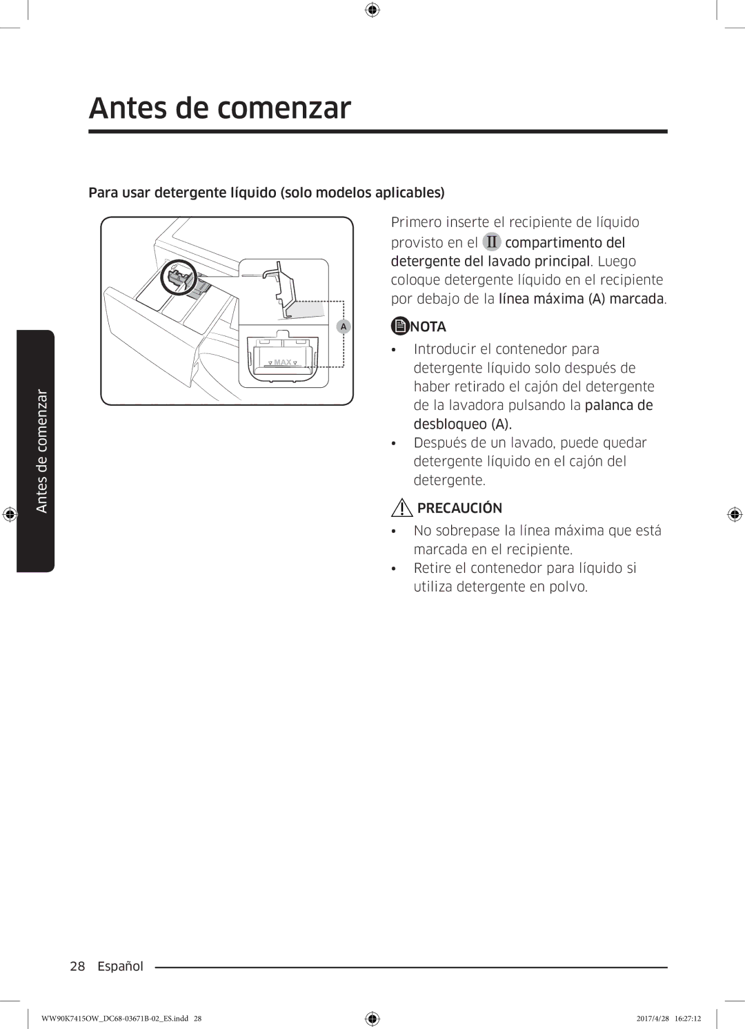 Samsung WW90K7415OW/EC manual Introducir el contenedor para 