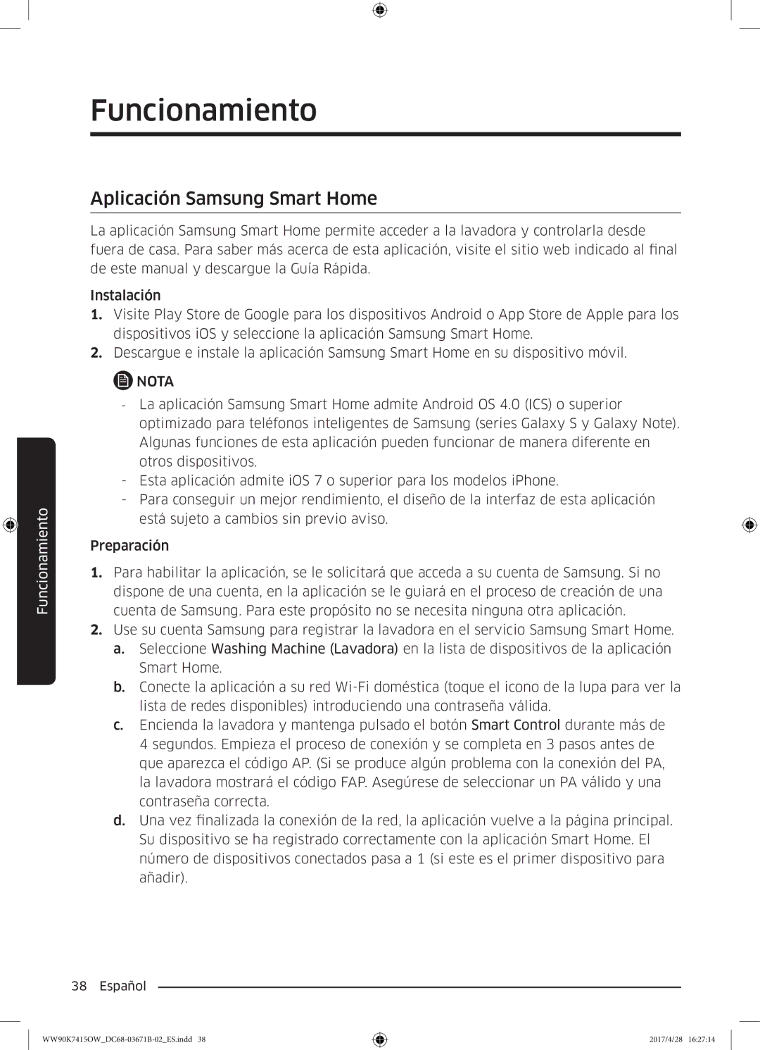 Samsung WW90K7415OW/EC manual Aplicación Samsung Smart Home 