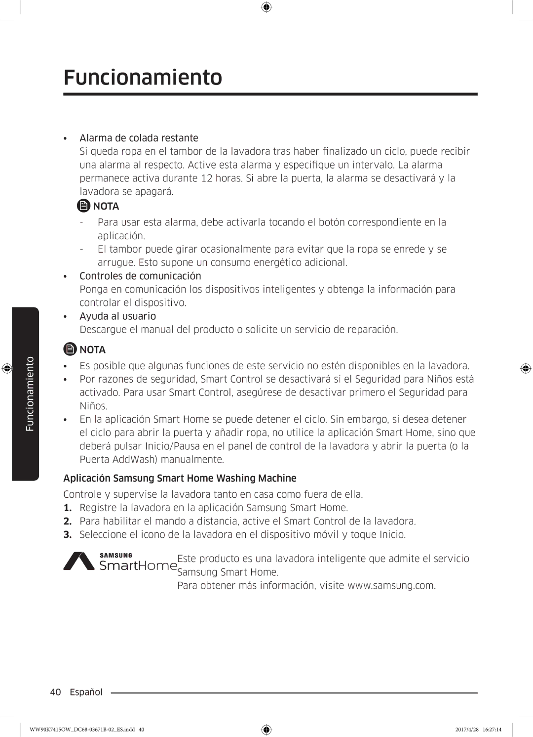 Samsung WW90K7415OW/EC manual Funcionamiento 