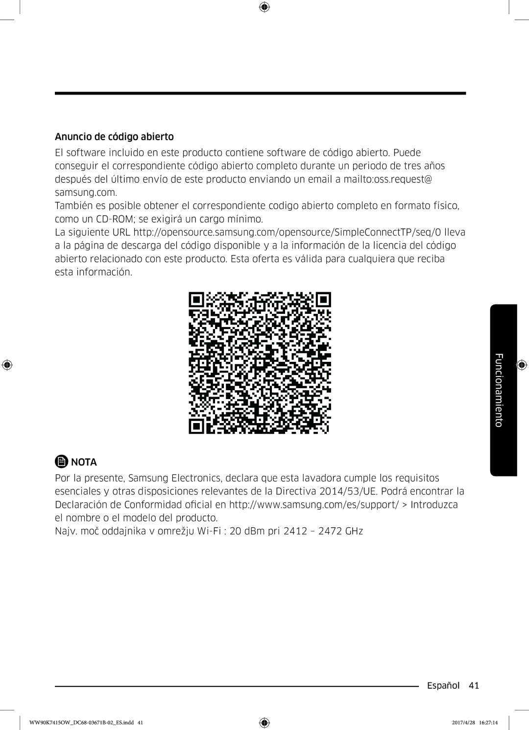 Samsung WW90K7415OW/EC manual Najv. moč oddajnika v omrežju Wi-Fi 20 dBm pri 2412 2472 GHz 