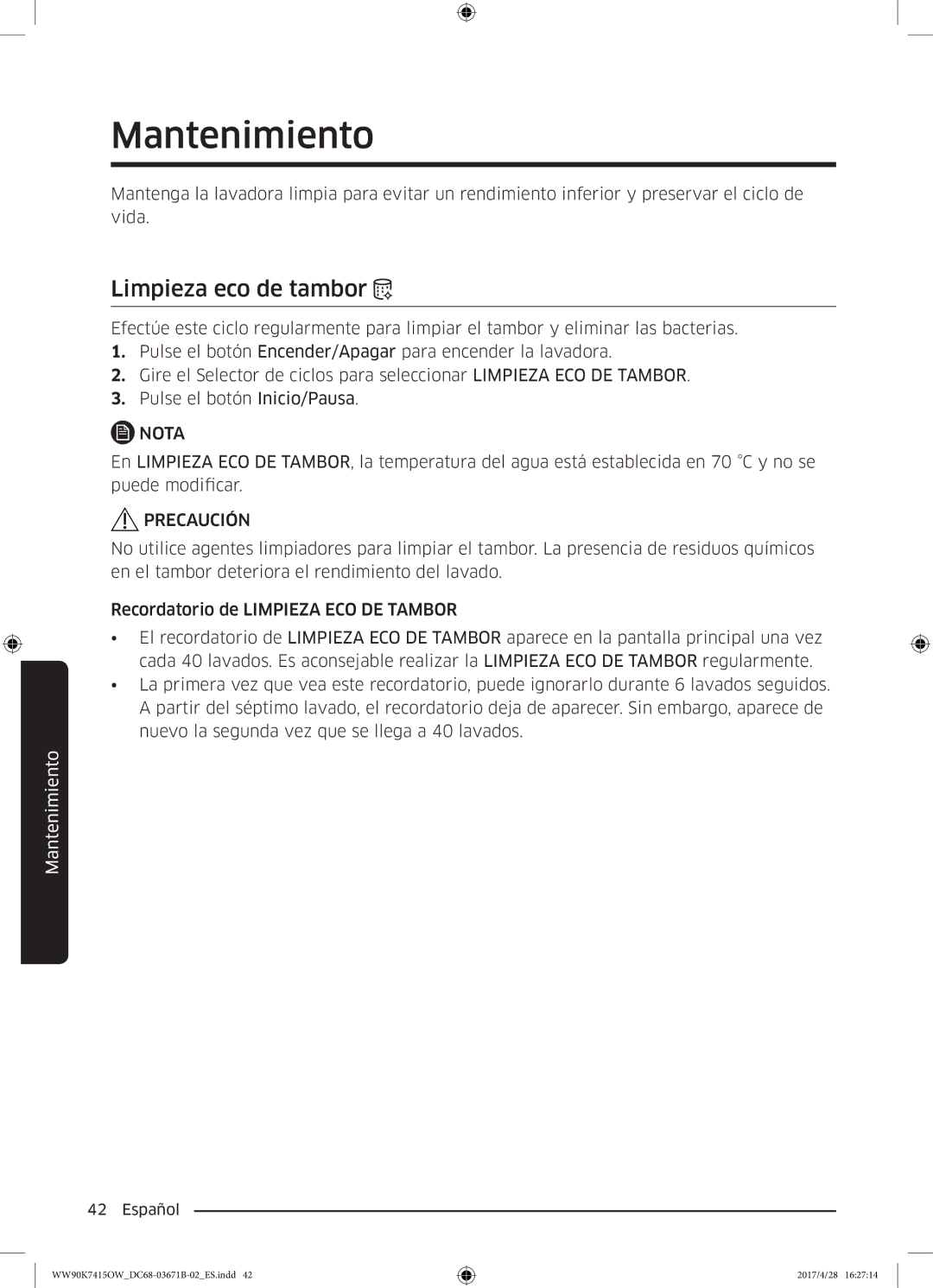 Samsung WW90K7415OW/EC manual Mantenimiento, Limpieza eco de tambor 