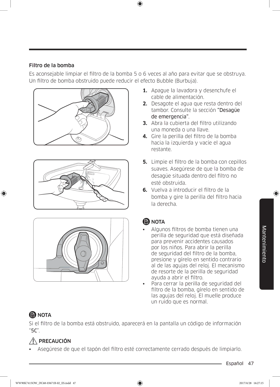 Samsung WW90K7415OW/EC manual Nota 