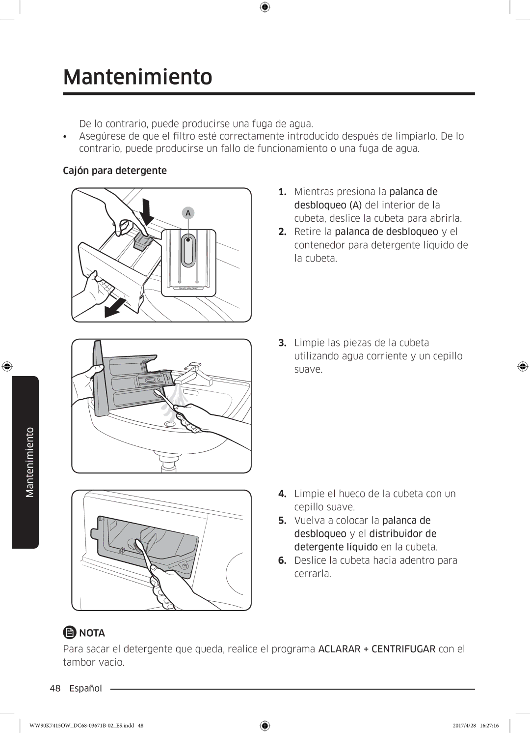 Samsung WW90K7415OW/EC manual Cajón para detergente 