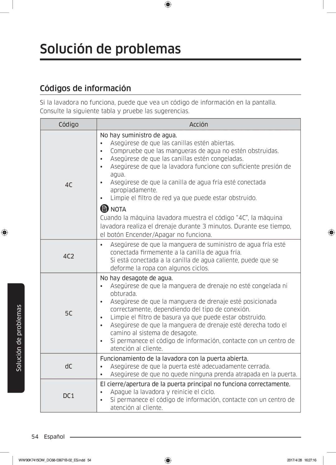 Samsung WW90K7415OW/EC manual Códigos de información, DC1 