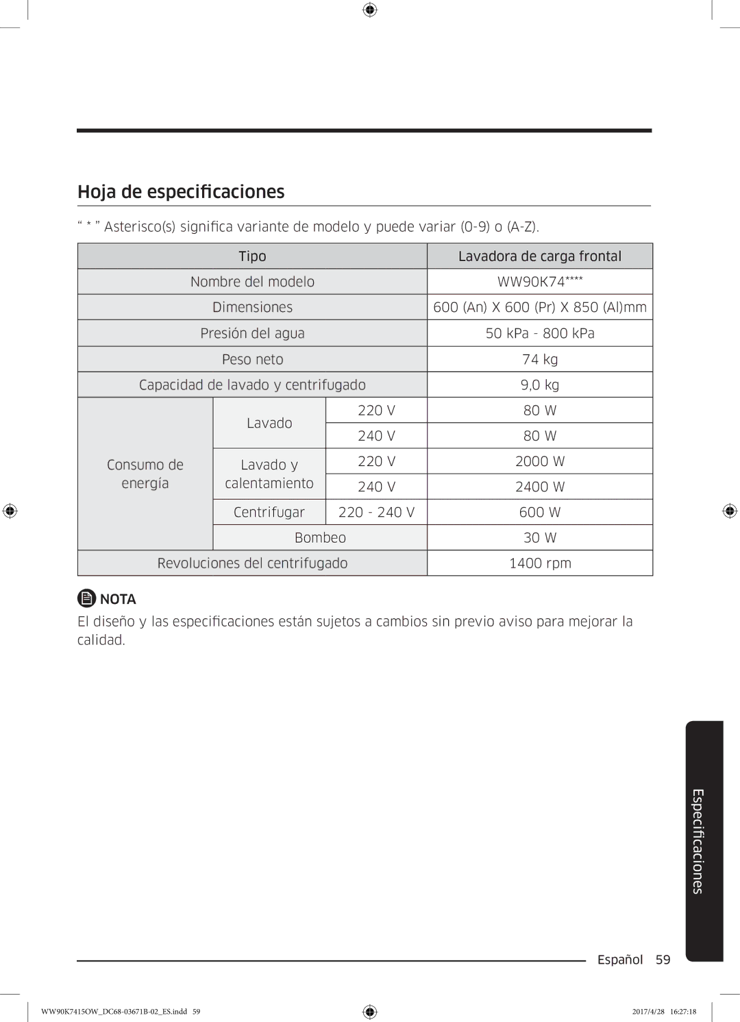 Samsung WW90K7415OW/EC manual Hoja de especificaciones, Nota 