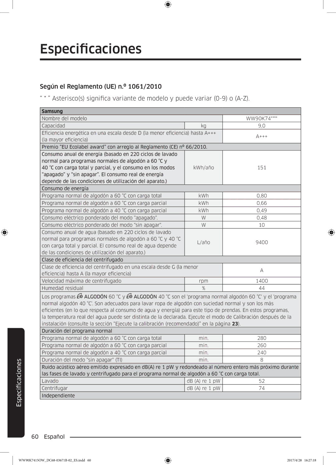 Samsung WW90K7415OW/EC manual Samsung 