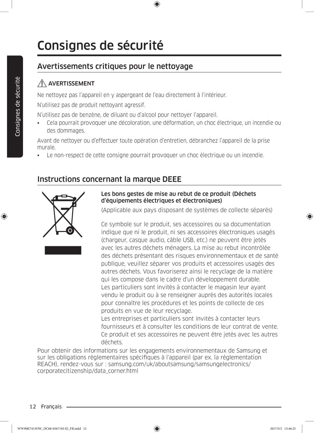 Samsung WW90K7415OW/EF manual Avertissements critiques pour le nettoyage, Instructions concernant la marque Deee 