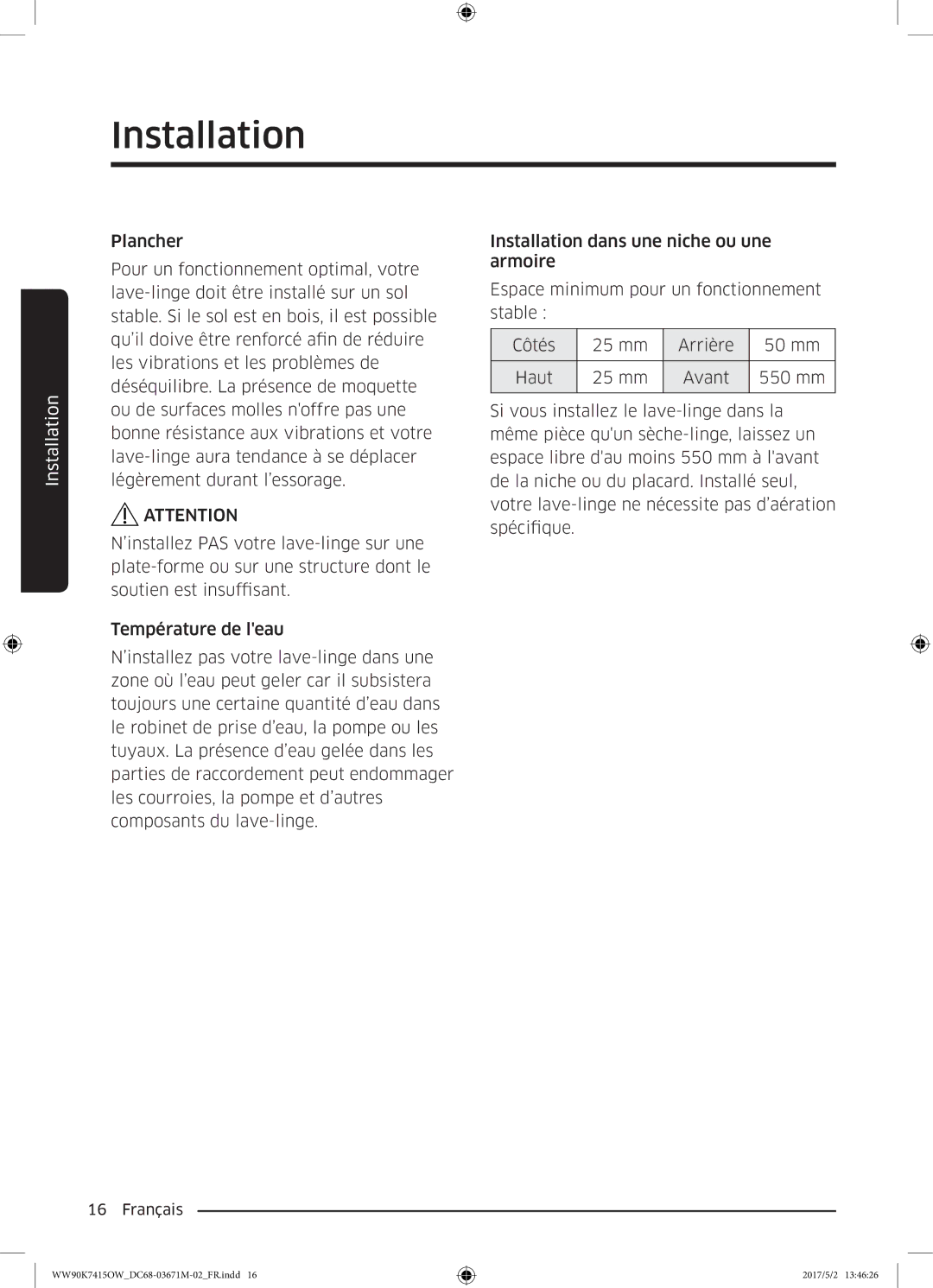 Samsung WW90K7415OW/EF manual Installation 