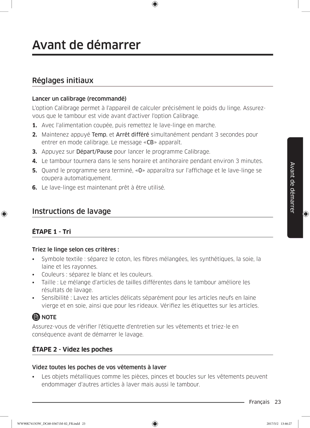 Samsung WW90K7415OW/EF manual Avant de démarrer, Réglages initiaux, Instructions de lavage 