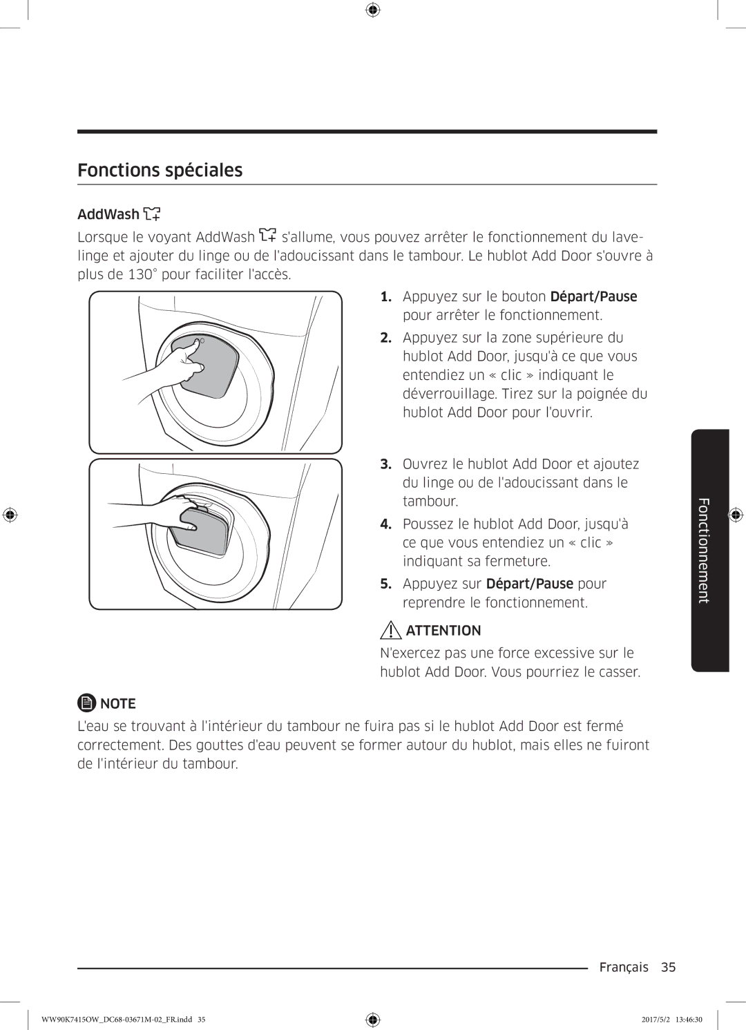 Samsung WW90K7415OW/EF manual Fonctions spéciales 