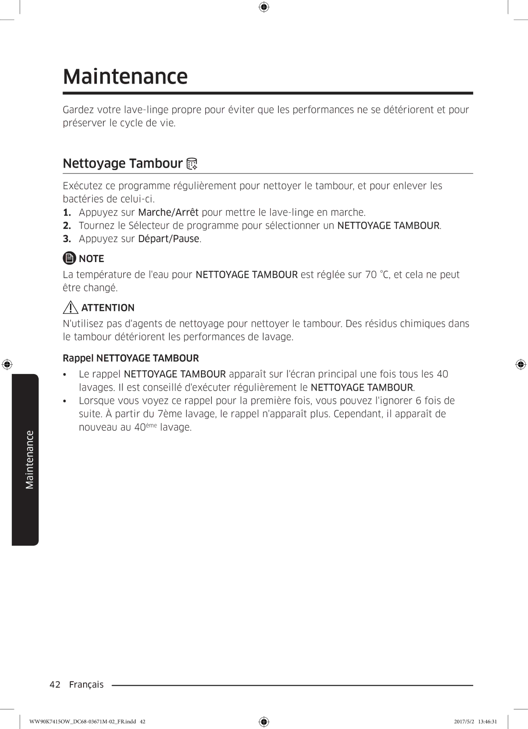 Samsung WW90K7415OW/EF manual Maintenance, Nettoyage Tambour 