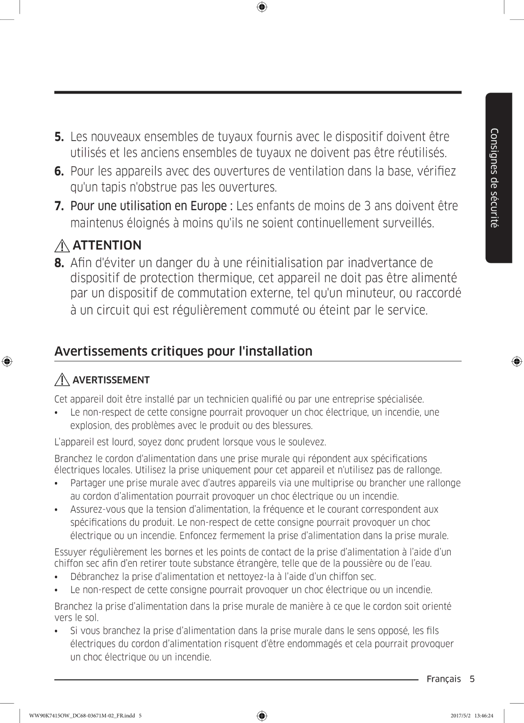 Samsung WW90K7415OW/EF manual Avertissement 