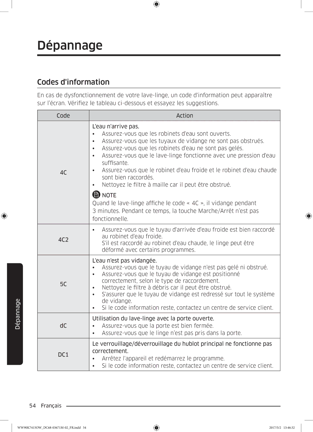 Samsung WW90K7415OW/EF manual Codes dinformation, DC1 