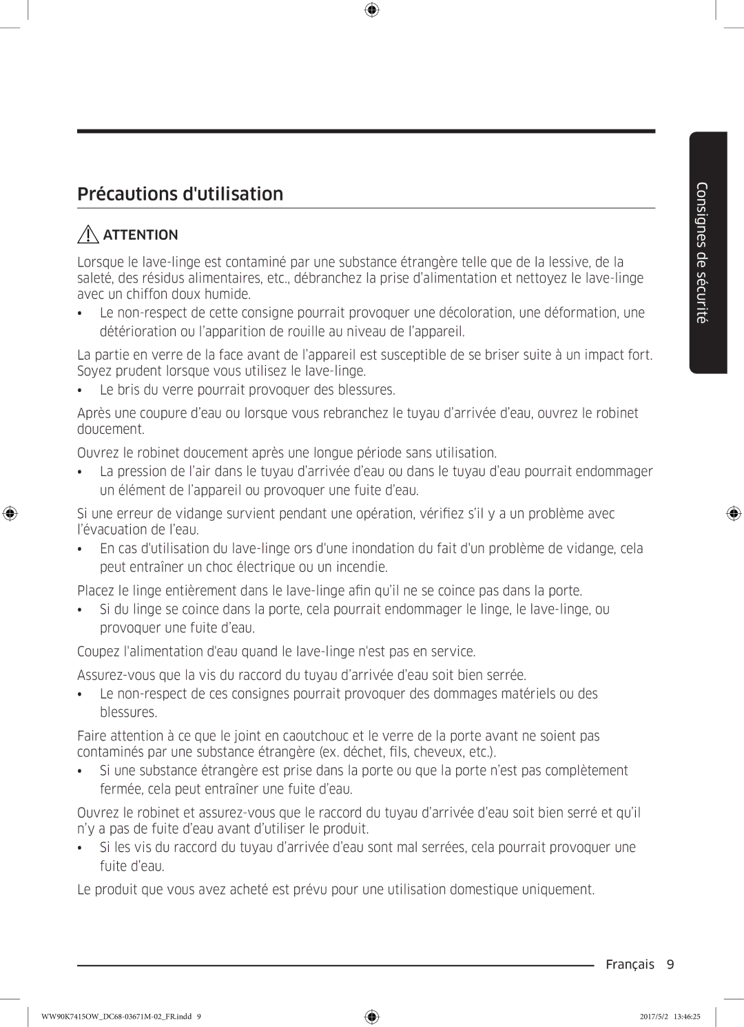 Samsung WW90K7415OW/EF manual Précautions dutilisation 