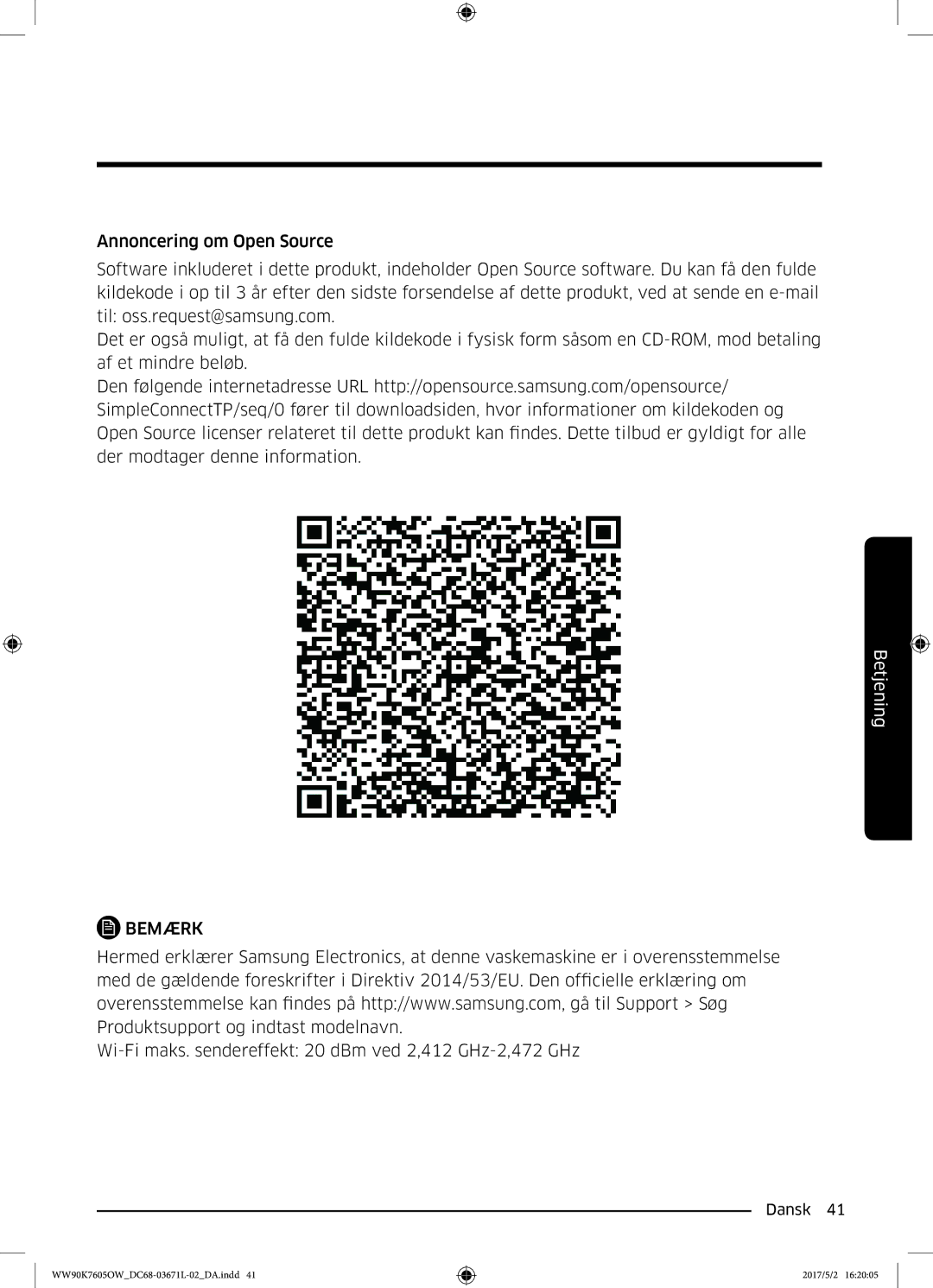 Samsung WW90K7605OW/EE manual Wi-Fi maks. sendereffekt 20 dBm ved 2,412 GHz-2,472 GHz 