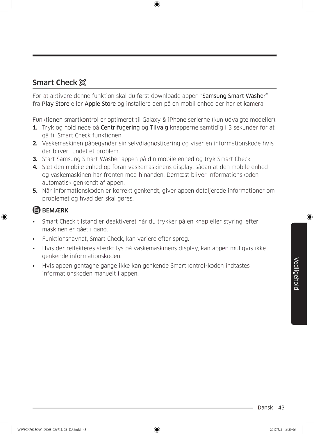 Samsung WW90K7605OW/EE manual Smart Check 