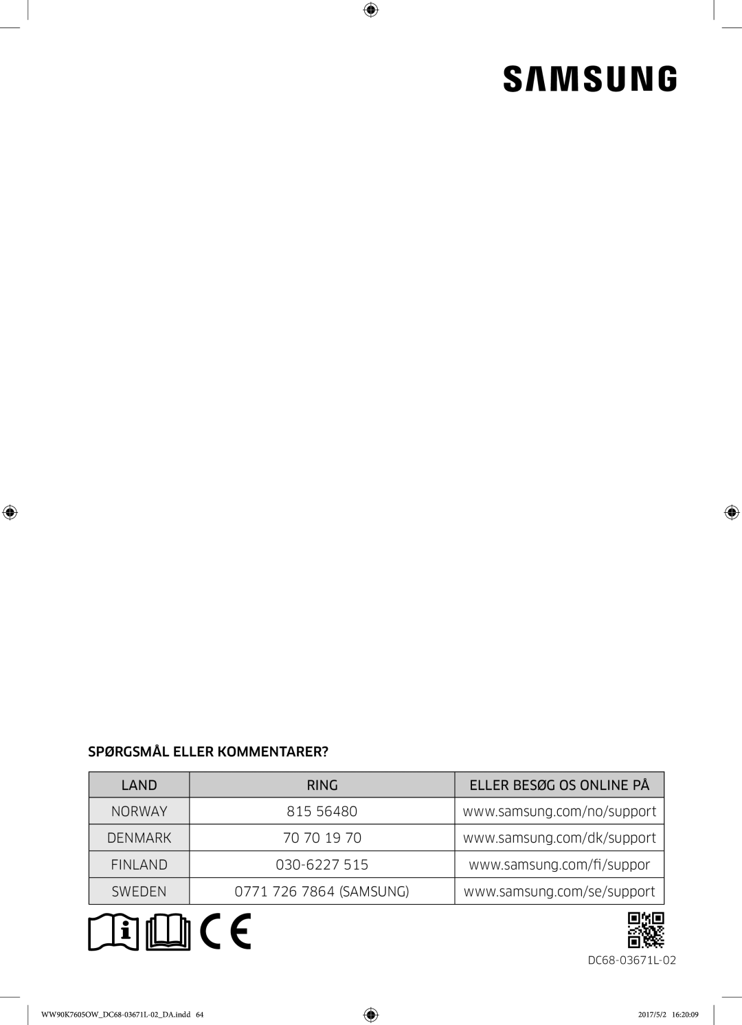 Samsung WW90K7605OW/EE manual Denmark 