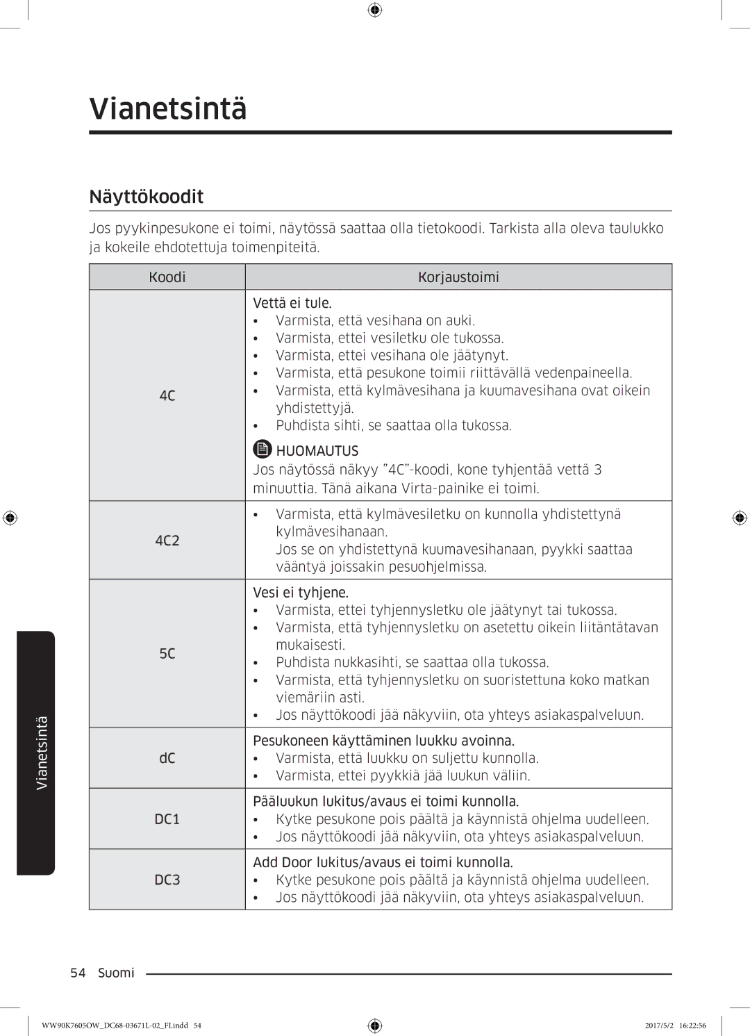 Samsung WW90K7605OW/EE manual Näyttökoodit, Huomautus 