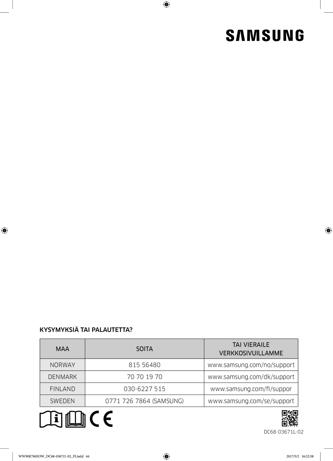 Samsung WW90K7605OW/EE manual Denmark 