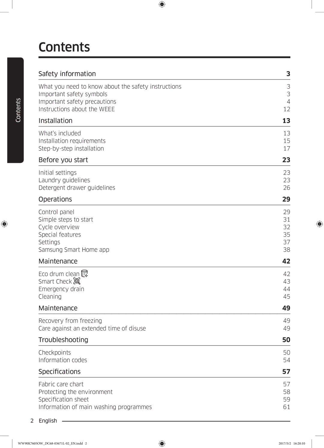 Samsung WW90K7605OW/EE manual Contents 