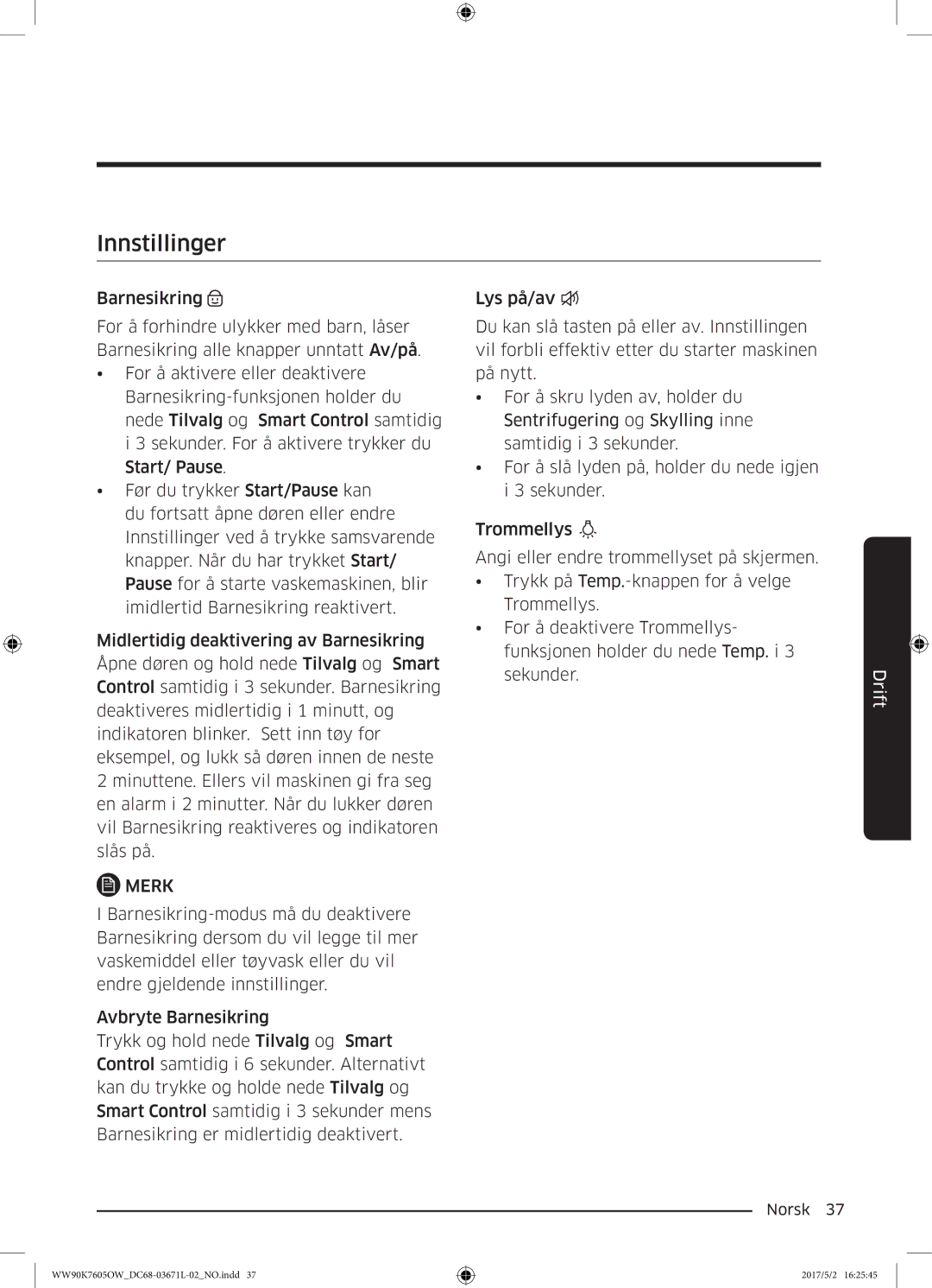 Samsung WW90K7605OW/EE manual Innstillinger 