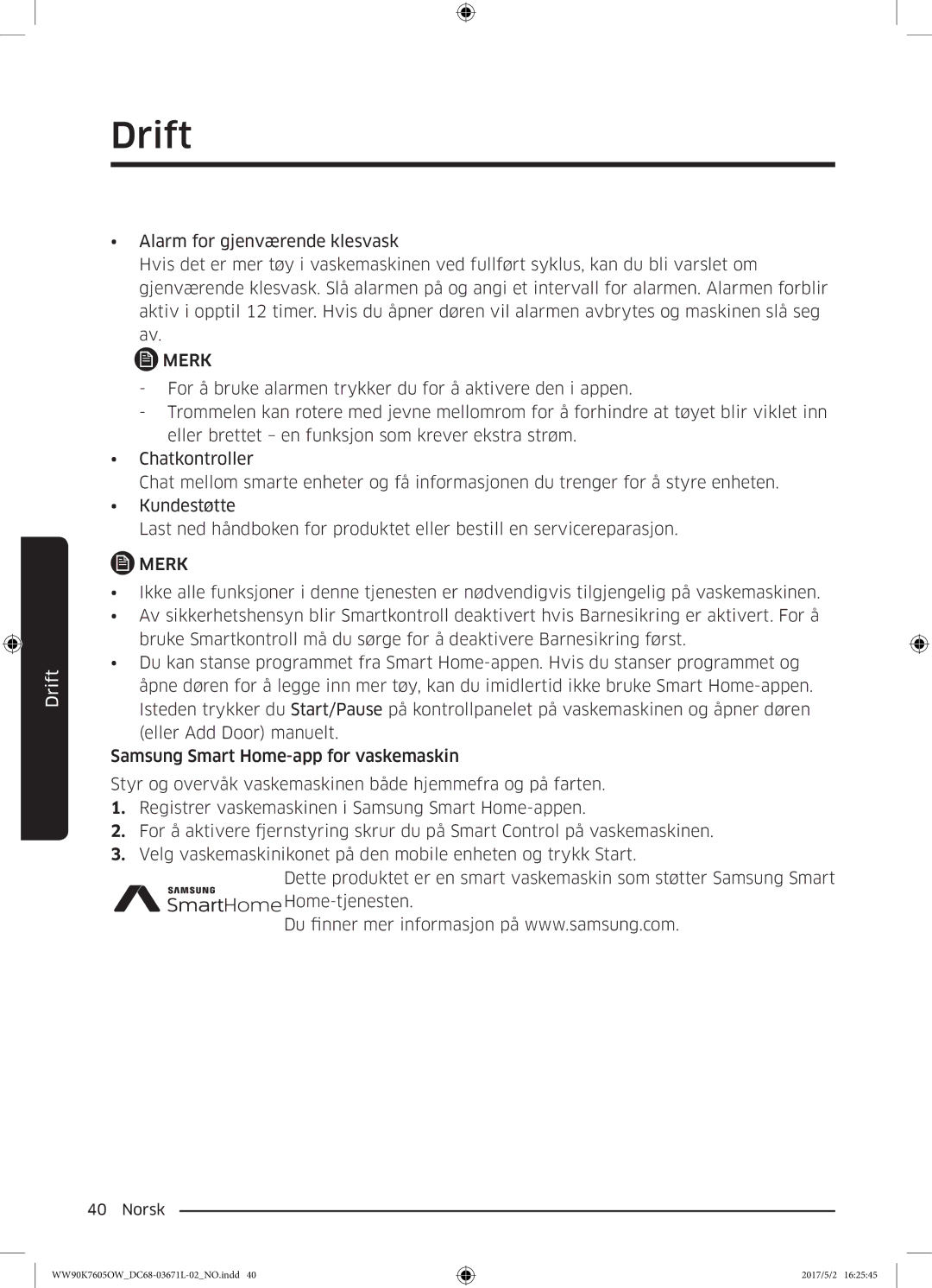 Samsung WW90K7605OW/EE manual Drift 