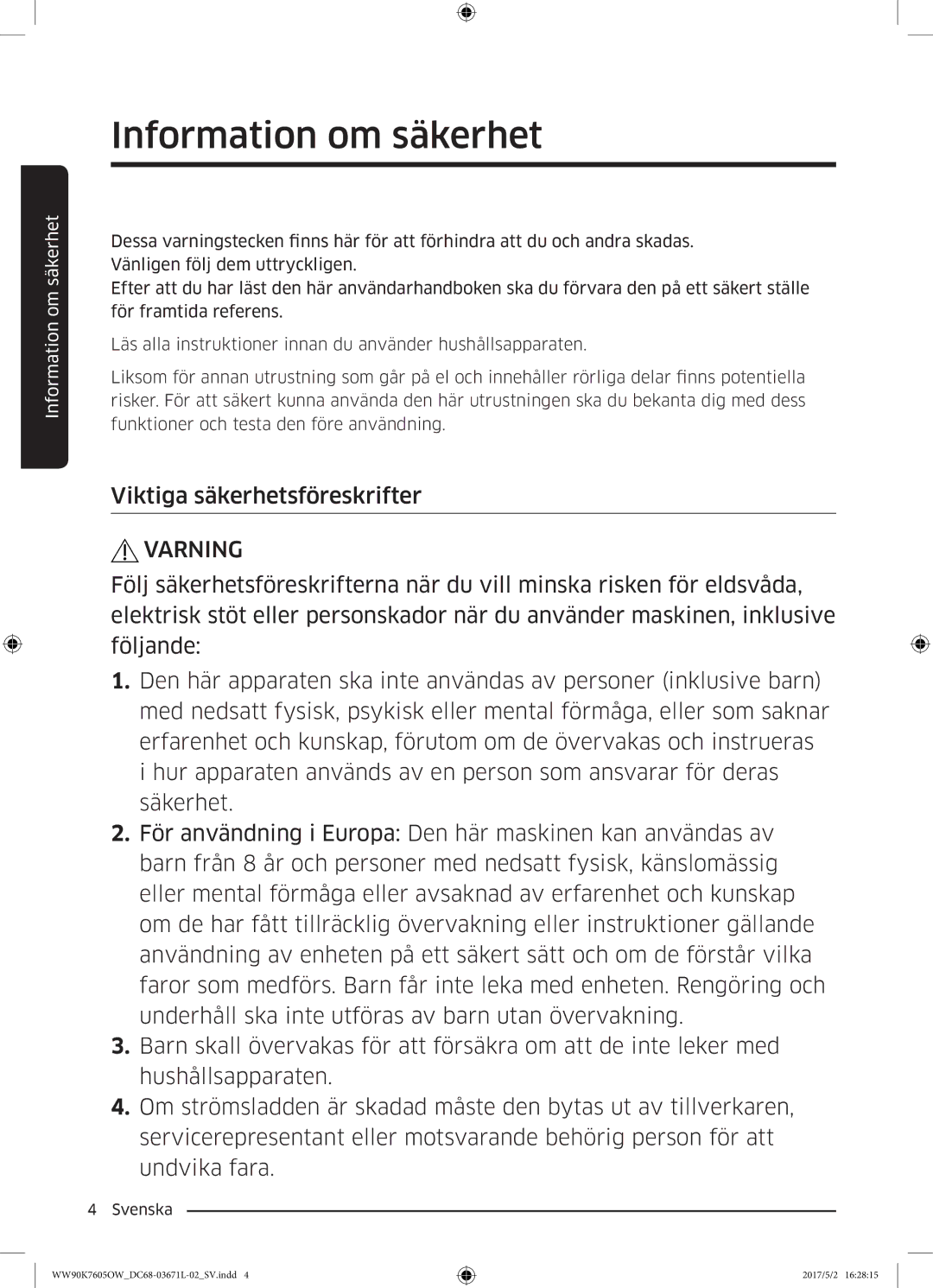 Samsung WW90K7605OW/EE manual Viktiga säkerhetsföreskrifter, Varning 