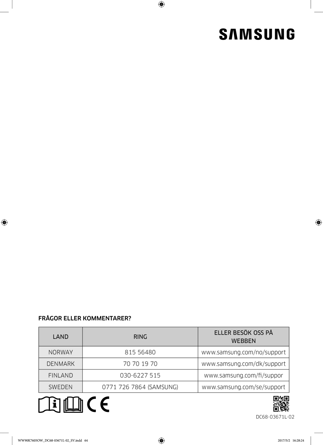 Samsung WW90K7605OW/EE manual Frågor Eller KOMMENTARER? Land Ring Eller Besök OSS PÅ, Denmark 