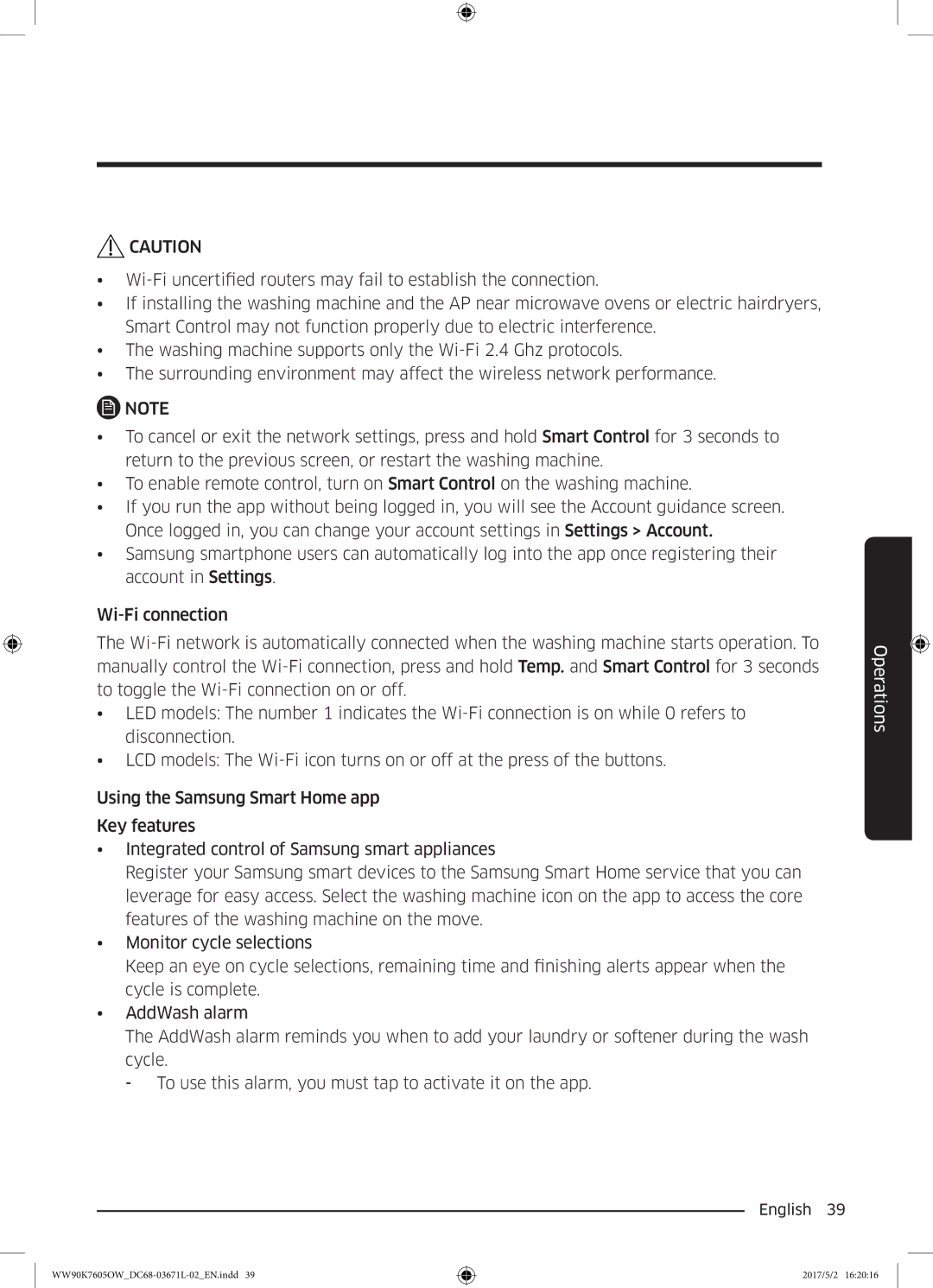 Samsung WW90K7605OW/EE manual Operations 