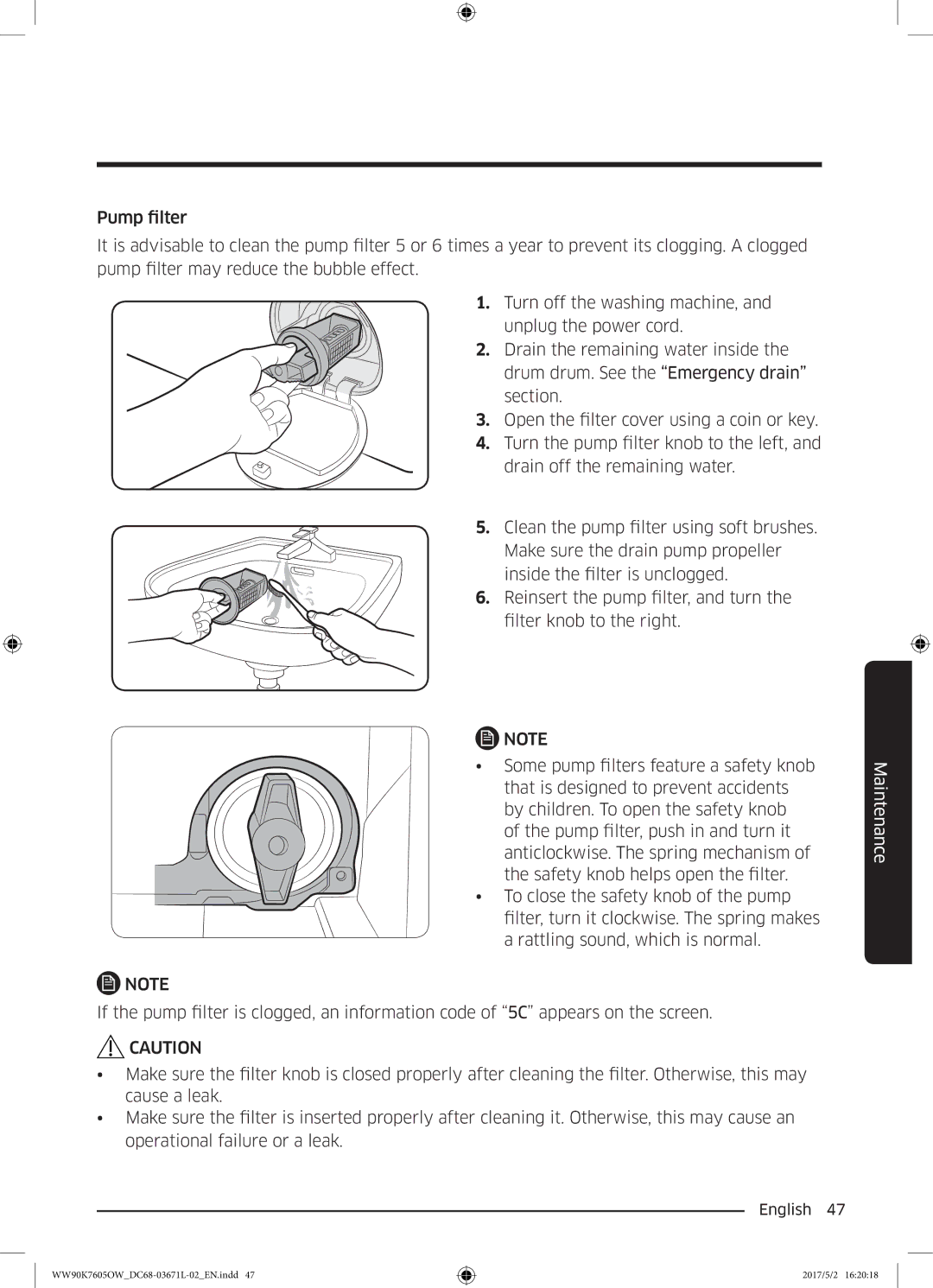 Samsung WW90K7605OW/EE manual Maintenance 