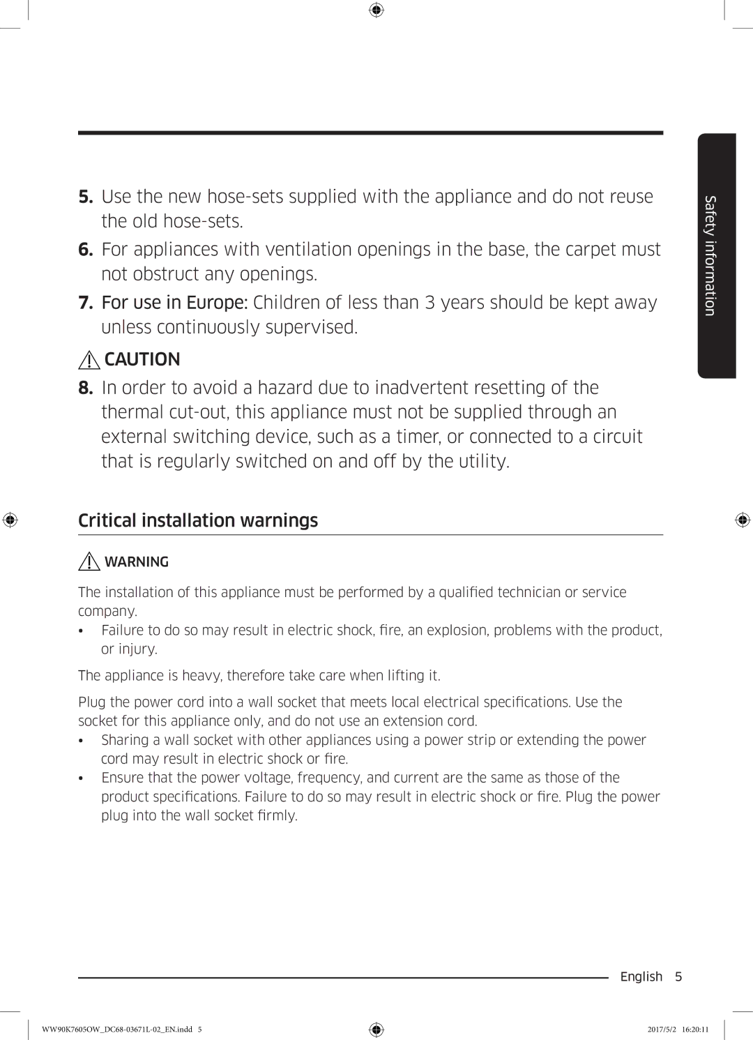 Samsung WW90K7605OW/EE manual Safety information 